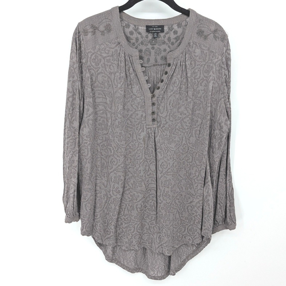 Lucky Brand Henley Blouse Women Large Gray Embroidered Floral Burnout Boho Top